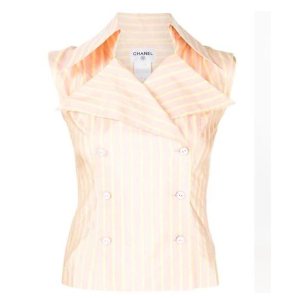 Chanel Sleeveless Double Breasted Striped Top Yellow Pink Women's Size FR 36/US2 - Picture 1 of 9